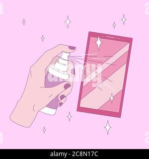 Covid-19 - persönlicher Schutz. Smartphone Desinfektionsmittel und Desinfektion, wischen Sie Telefon mit Alkoholspray Stock Vektor