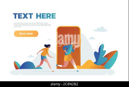 Vektor-Illustration von großen Smartphone mit Fitness-Aktivität Tracking-Anwendung für das Training, Laufen und kleine Menschen Sport treiben. Intelligenter Sport Stock Vektor