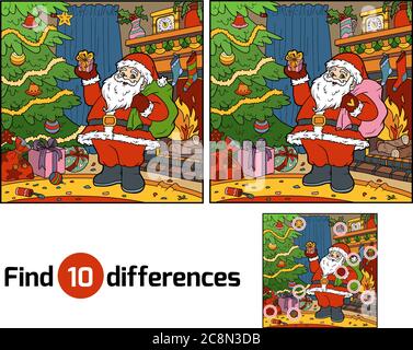 Finden Unterschiede Bildung Spiel für Kinder, Weihnachtsmann Stock Vektor