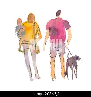 Handgezeichnete Illustration: Stilisierte Menschen. Aquarellskizzen. Ein Mann mit einem Hund an der Leine, eine Frau mit einem Kind in den Armen Stockfoto