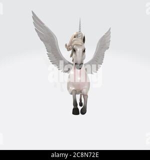 3D-Rendering-Illustration eines weißen Einhorns auf einem isoliert Weißer Hintergrund Stockfoto