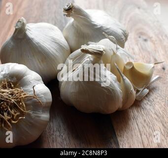 Bild von importierten spanischen Knoblauchzwiebeln mit losen Nelken Nahaufnahme auf einem hölzernen Schneidebrett unter natürlichem Licht. Stockfoto