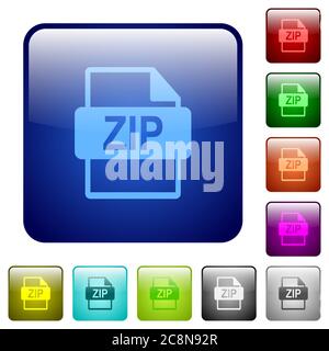 Satz von ZIP-Dateiformat Farbe Glas abgerundeten quadratischen Tasten Stock Vektor