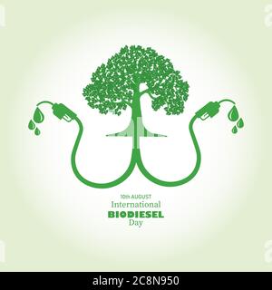 Vektor-Illustration des Internationalen Biodiesel-Tages, der am 10. August beobachtet wird. Abstrakte Darstellung eines Baumes mit Bio-Brennstoff und Weltkarte Stock Vektor