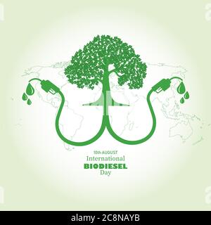 Vektor-Illustration des Internationalen Biodiesel-Tages, der am 10. August beobachtet wird. Abstrakte Darstellung eines Baumes mit Bio-Brennstoff und Weltkarte Stock Vektor