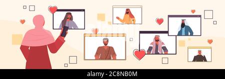 arabische Frau mit Smartphone chatten mit Mix-Rennen Männer in online-Dating-App Web-Browser-Fenster soziale Beziehung Konzept horizontale Porträt Vektor Illustration Stock Vektor