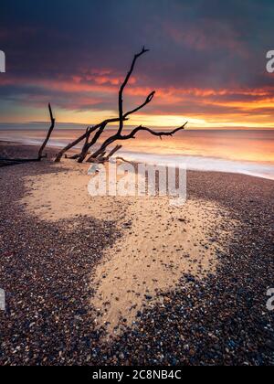 Eine sandige Form im Kiesel am Benacre Strand bei Sonnenaufgang. Stockfoto