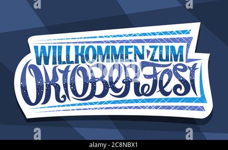 Vektor-Grußkarte für Oktoberfest, kreative kalligrafische Schrift für Bierfest mit dekorativen Streifen, weißes Logo mit einzigartigem Pinseltyp für Wort Stock Vektor