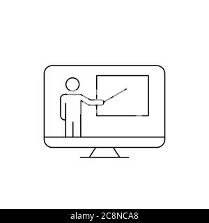 Online-Lehrer auf einem PC-Bildschirm. Menschliche Figur zeigt auf Whiteboard. Online-Schulungen. Heimschulung. E-Learning-Konzept. Schwarzer Umriss auf Weiß Stock Vektor