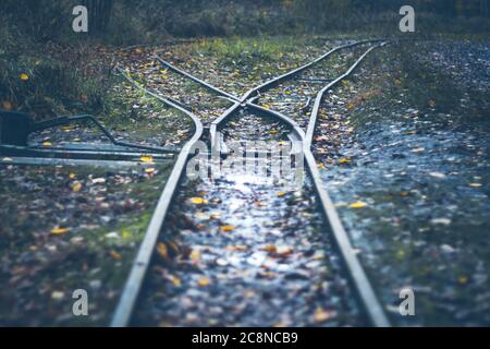 Schmalspurbahn - Eisenbahnweichen - Schienen im Herbstwald, regnerisches Wetter Stockfoto