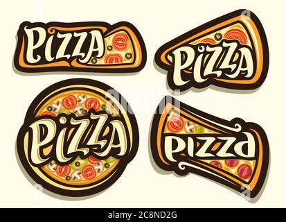Vector Pizza Set, 4 isolierte Illustrationen mit traditionellem italienischen Fastfood mit verschiedenen Pizza-Titeln, diverse Gruppe von dekorativem Design dunkles Abzeichen Stock Vektor