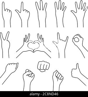 Schwarze dünne Linie Satz Hände Geste Stock Vektor