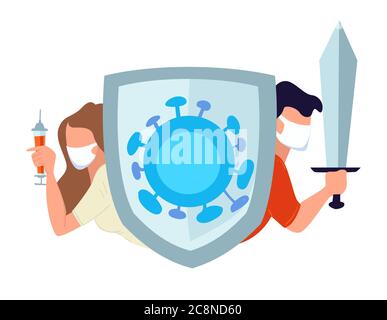 Menschen, die für den Schutz und Kampf gegen Coronavirus ausgestattet sind Stock Vektor