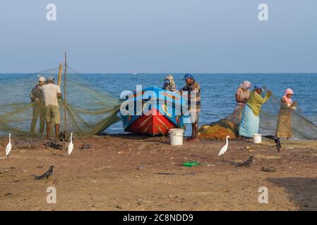 NEGOMBO, SRI LANKA - 03. FEBRUAR 2020: Sonniger Morgen am Ufer des Indischen Ozeans Stockfoto