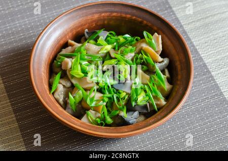 Festlicher Salat mit eingelegten Pilzen und grünen Zwiebeln. Tonschüssel mit verschiedenen Waldpilzen, Zwiebeln und Knoblauch. Bio-Lebensmittel. Servieroption. Auswahl Stockfoto