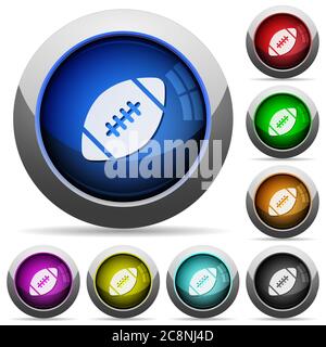 Set aus runden glänzenden Rugby-Knöpfen. Angeordnete Ebenenstruktur. Stock Vektor