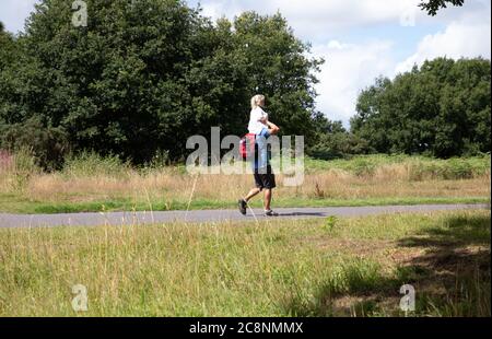 Limpsfield Chart,Surrey,26. Juli 2020,EIN Mann trägt ein Kind auf seinen Schultern während eines Spaziergangs in Woodlands, Limpsfield Chart, Surrey. Die Wettervorhersage für heute ist für sonnige Intervalle, 20C mit einer leichten Brise. Das Wetter wird sich an diesem Wochenende mit Gewitterschauern ändern.Quelle: Keith Larby/Alamy Live News Stockfoto