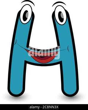 Lustige Hand gezeichnet Cartoon gestylt Schriftart bunten Buchstaben H mit lächelndem Gesicht Vektor Alphabet Illustration isoliert auf weiß. Gut für Kinder, die activi lernen Stock Vektor