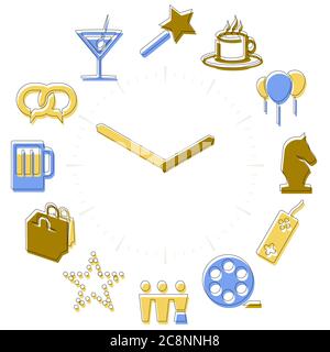 Vector Illustration. Freizeit. Aktivitäten Symbole in eine Uhr mit Stunden. Stock Vektor