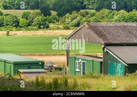 Grüne Erdbeersträucher werden an einem sonnigen Tag in geraden Reihen auf dem Feld gepflanzt Kent, UK Stockfoto