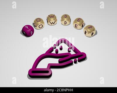 3D-Darstellung von Pulver mit Symbol an der Wand und Text angeordnet durch metallische kubische Buchstaben auf einem Spiegelboden für Konzept Bedeutung und Diashow-Präsentation. Hintergrund und weiß Stockfoto