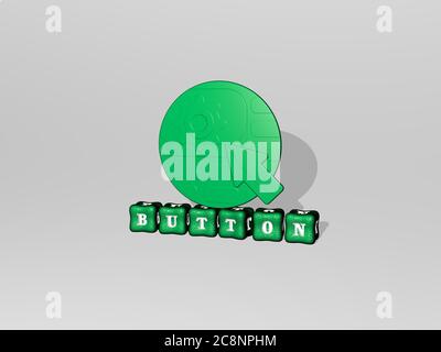 3D-Illustration von BUTTON-Grafiken und Text von metallischen Würfel Buchstaben für die damit verbundenen Bedeutungen des Konzepts und Präsentationen. Symbol und Hintergrund Stockfoto