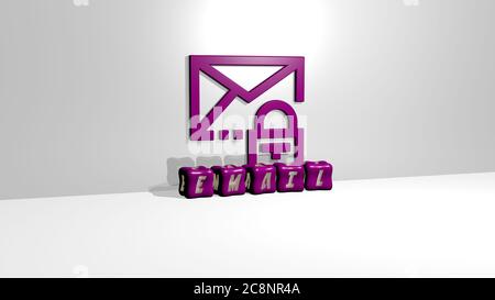 3D-Darstellung von E-Mail mit Symbol an der Wand und Text angeordnet durch metallische kubische Buchstaben auf einem Spiegelboden für Konzept Bedeutung und Diashow-Präsentation. Illustration und Business Stockfoto