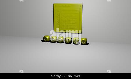 3D-Grafik-Bild der KODIERUNG vertikal zusammen mit Text von metallischen kubischen Buchstaben aus der oberen Perspektive gebaut, ausgezeichnet für das Konzept Präsentation und Diashows. Illustration und Code Stockfoto