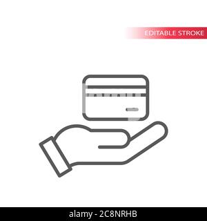 Vektor-Symbol für Hand- und Kredit- oder Debitkarten. Gliederungssymbol für Kreditkartenzahlung, editierbare Zeile. Stock Vektor