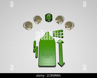 3D-Illustration von Spray Grafiken und Text um das Symbol durch metallische Würfel Buchstaben für die damit verbundenen Bedeutungen des Konzepts und Präsentationen gemacht. Hintergrund und Farbe Stockfoto
