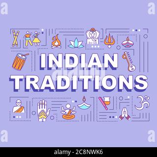 Indische Traditionen Wort Konzepte Banner. Ntional Feiertage und kulturelle Festivals von Indien Infografiken mit linearen Icons auf lila Hintergrund. Isoliert Stock Vektor