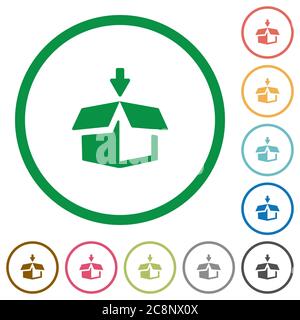 Satz von Verpackungsfarbe rund umrissene flache Symbole auf weißem Hintergrund Stock Vektor
