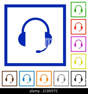 Satz farbiger, quadratischer, flacher Headset-Symbole auf weißem Hintergrund Stock Vektor