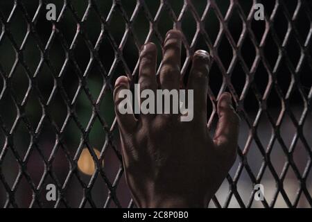 Portland, USA. Juli 2020. Ein Protestler hält die Hand gegen den Zaun, der am 25. Juli 2020 den Zugang zum Bundesgericht in Portland, Oregon, versperrt. (Foto: Alex Milan Tracy/Sipa USA) Quelle: SIPA USA/Alamy Live News Stockfoto