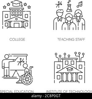 Höhere Bildung Pixel perfekte lineare Symbole gesetzt. Institut für Technologie, Hochschule. Lernbedingungen anpassbare dünne Linie Kontur Symbole. Isolieren Stock Vektor