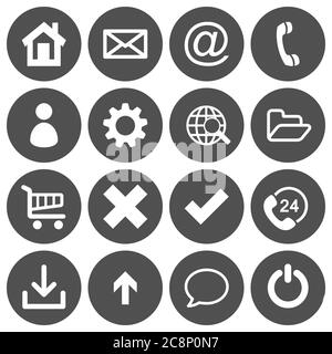 Satz von 16 einfachen flachen Symbolen auf grauem, rundem Hintergrund Stock Vektor