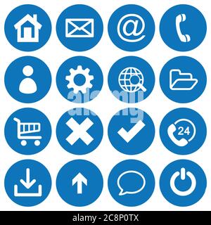 Satz von 16 einfachen flachen Symbolen auf blauem, rundem Hintergrund Stock Vektor