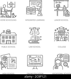 Bildungssystem Pixel perfekte lineare Symbole gesetzt. Lehrmethoden, Home Schooling und Online-Klassen. Anpassbare Symbole für dünne Linien. Isoliert Stock Vektor