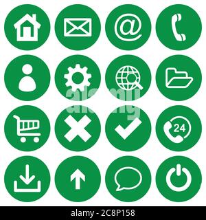 Satz von 16 einfachen flachen Symbolen auf grünem, rundem Hintergrund Stock Vektor