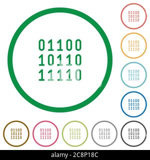 Satz von binären Code Farbe rund umrandeten flachen Symbolen auf weißem Hintergrund Stock Vektor