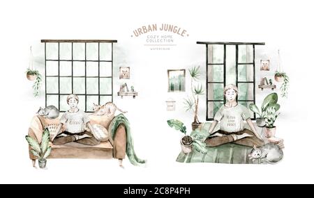 Aquarell trendige Interieur Bohemian Hintergrund mit Mitte Jahrhundert moderne Möbel. Einrichtung im Innenbereich. Gemütliches Wohnzimmer mit Zimmerpflanze, Urbun Stockfoto