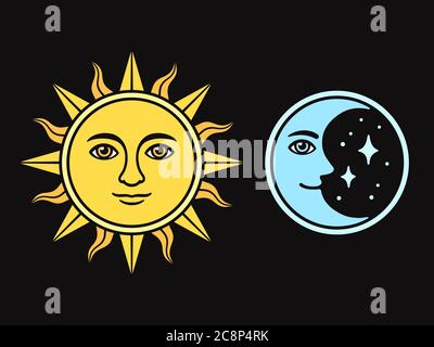 Sonne und Mond mit Gesicht, Vintage-Stil Zeichnung auf schwarzem Hintergrund. Isolierte Vektordarstellung von antiken Himmelssymbolen. Stock Vektor
