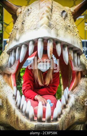 26. Juli 2020, Brecon Beacons, Wales. Mitarbeiter Elisha Lewis reinigt das Innere eines Dinosauriermaul in Dan-yr-Ogof Caves in Wales. Die Attraktion, die den größten Höhlenkomplex ihrer Art in Großbritannien hat und sich im Brecon Beacons National Park befindet, hat dieses Wochenende nach monatelanger Schließung aufgrund der Coronavirus-Sperre wieder eröffnet. Ähnliche Attraktionen in England, die seit einem Monat geöffnet sind, drängten die walisische Regierung, diesem Beispiel zu folgen und Dan-yr-Ogof ihre Türen öffnen zu lassen. Kredit : Robert Melen/Alamy Live Nachrichten. Stockfoto