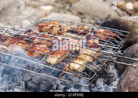 Saftige Fleischsteaks über Holzkohle auf einem Drahtgitter gekocht. Picknick in der Natur. Fleisch auf einem Feuer in der freien Luft gekocht. Selektiver Fokus. Nahaufnahme. Stockfoto