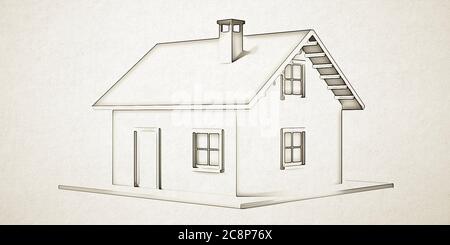 Traditionelle Haus Cartoon mit Dach, Kamin, Fenster, Tür von schwarzen Umriss, einfach, isoliert auf weißem Farbe rauhen Papier Hintergrund, Textur, Banner. Stockfoto