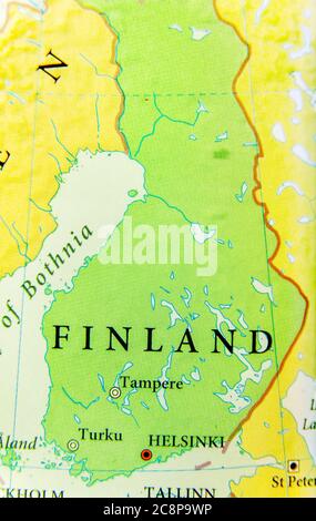 Geographische Karte des europäischen Landes Finnland mit wichtigen Städten Stockfoto