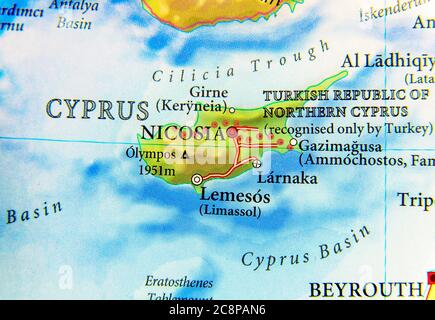 Geographische Karte des europäischen Landes Griechenland und der Türkei Insel Zypern Stockfoto