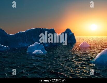 Eisschmelze, Klimawandel. Segelboot im antarktischen Ozean. Arktisches Meer, treibendes Eisberg. Globale Erwärmung. Sonnenuntergang. 3d-Rendering Stockfoto