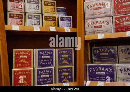 Kaufen Sie Bücherregale voller passender Schachteln von Toffee, Farrah's Toffee Shop, Harrogate, North Yorkshire, England, Vereinigtes Königreich. Stockfoto