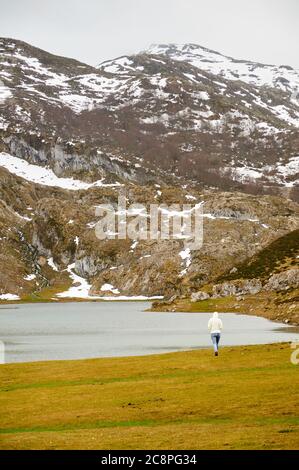 Wanderer am Lago Ercina Gletschersee bei bewölktem Tag mit Schnee auf den umliegenden Gipfeln (Cangas de Onís, Nationalpark Picos de Europa, Asturien, Spanien) Stockfoto